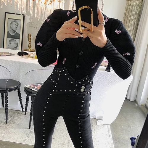 Load image into Gallery viewer, Patchowrk Sequined Caidigans For Women V Neck Puff Sleeve Slim Black Sweaters Female New Tide Clothing Autumn
