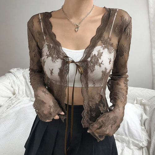 Load image into Gallery viewer, Fashion White Lace Top Women T-shirt Transparent Summer Front Tie Up Crop Tops Retro Cardigan Long Sleeve Tshirt
