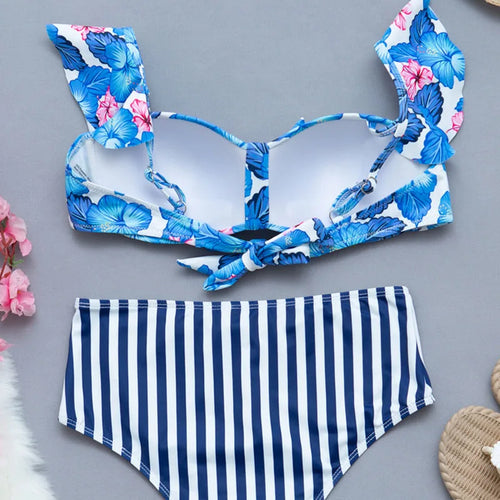 Load image into Gallery viewer, Blue Flower Print Ruffled Bikini Set Stripe High Waist Swimsuit Sexy Swimwear Women Female Bandage Bathing Suit
