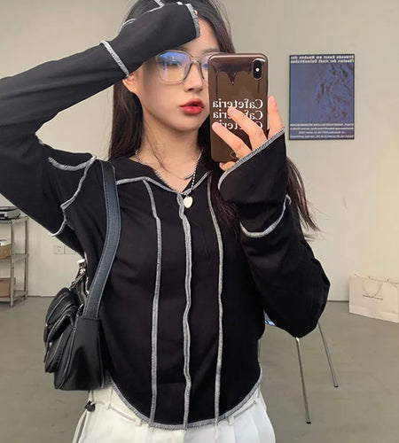 Korean Style Long Sleeve Top Turn-down Collar T-shirt Women Autumn 2021 Designer Clothes Solid E Girl Tee Shirt Chic