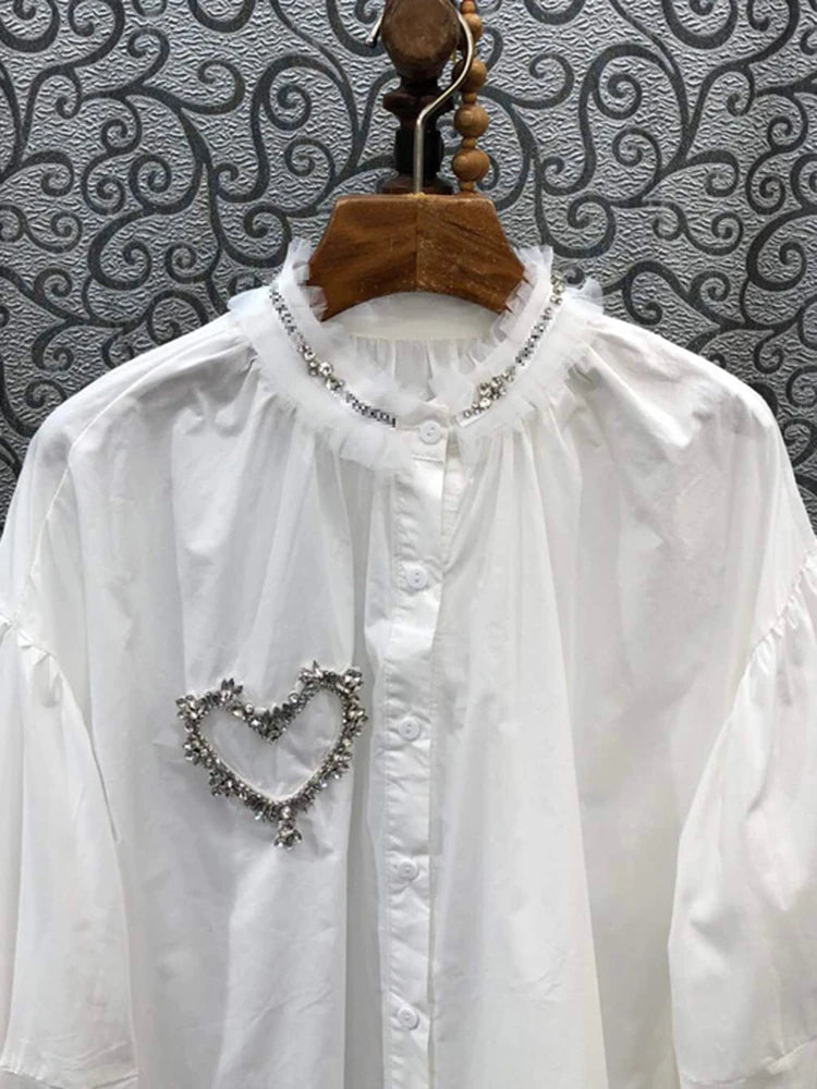 Straight White Shirt For Women Stand Collar Long Sleeve Patchwork Diamonds Heart Blouses Female Clothing Style
