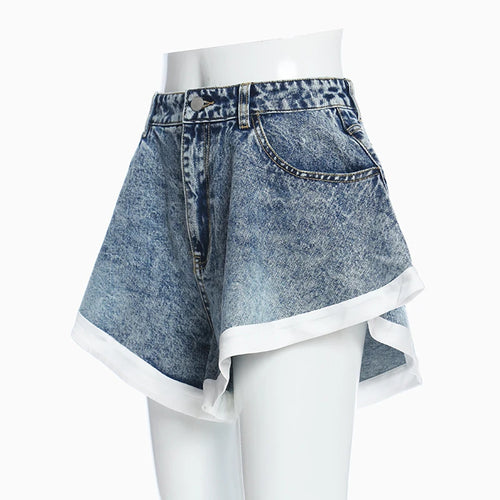 Load image into Gallery viewer, Elegant Women Denim Shorts High Waist Patchwork Hit Color Ruffles Shorts For Female Fashion Clothes Summer
