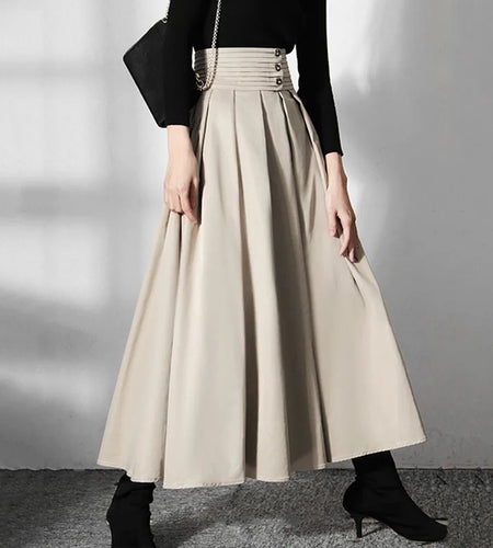 Solid Casual Long Skirts For Women High Waist Fold Pleated Korean Fashion Loose Skirts Womens Autumn Clothing