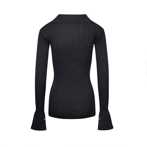 Load image into Gallery viewer, Striped Black Knitwear For Women O Neck Flare Sleeve Minimalist Tunic Sweaters Female Autumn Fashion Clothing
