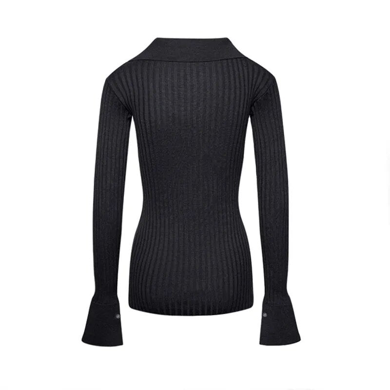 Striped Black Knitwear For Women O Neck Flare Sleeve Minimalist Tunic Sweaters Female Autumn Fashion Clothing