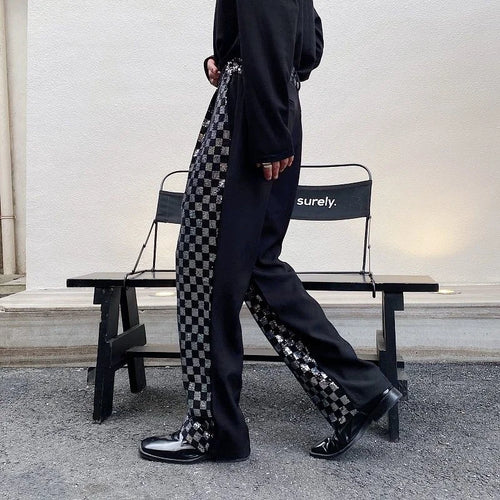 Load image into Gallery viewer, Men&#39;s Niche Black And White Checkered Sequin Patchwork Men&#39;s Long Pants Straight Wide Leg Design Chic Trousers Korean Y9982
