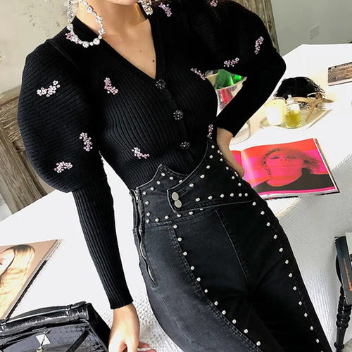 Load image into Gallery viewer, Patchowrk Sequined Caidigans For Women V Neck Puff Sleeve Slim Black Sweaters Female New Tide Clothing Autumn
