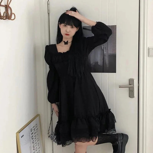 Load image into Gallery viewer, Gothic Black Lace Ruffle Dress For Girls Princess Party Ruched Fairy Grunge Long Sleeve Dresses Woman Fashion Korean
