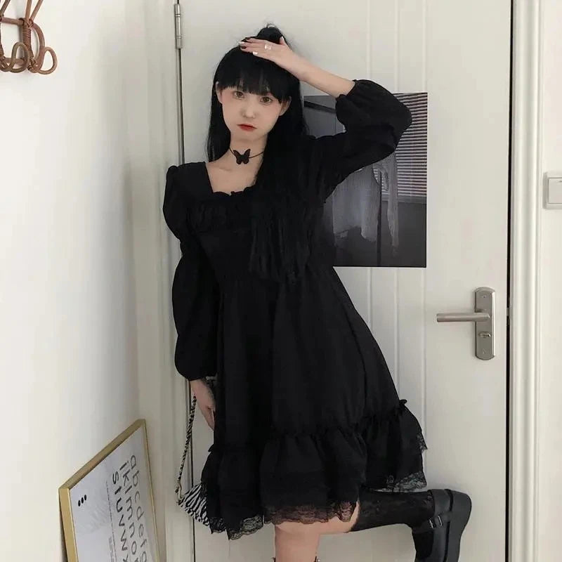 Gothic Black Lace Ruffle Dress For Girls Princess Party Ruched Fairy Grunge Long Sleeve Dresses Woman Fashion Korean