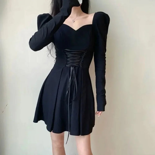 Load image into Gallery viewer, Vintage Bandage Black Mini Dress Women French Puff Sleeve Square Collar Short Dresses Bodycon Wrap Party Korean Style
