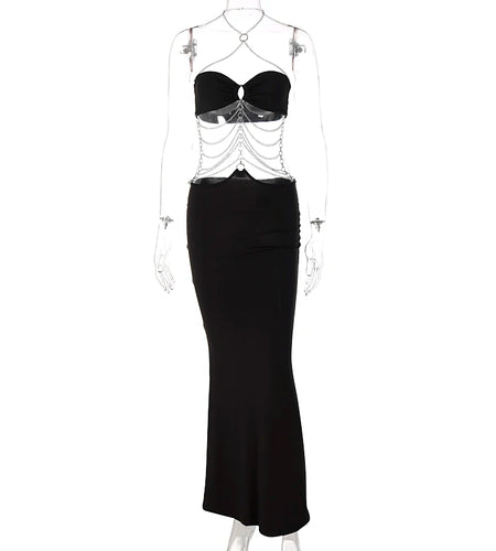 Pure Color Chain Halter Bandage Sleeveless Backless Revealing Slim Maxi Dress Fall Women Fashion Elegant Party Y2K