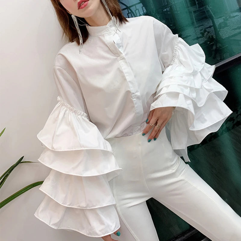 Casual Patchwork Ruffles Women Shirts Stand Collar Lantern Long Sleeve Loose Blouses Female 2020 Summer Fashion Clothes