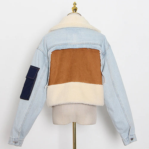 Load image into Gallery viewer, Patchwork Denim Jacket Women Long Sleeve lambswool Coat Tops Female Fashion Clothes Casual Winter
