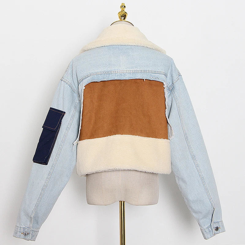 Patchwork Denim Jacket Women Long Sleeve lambswool Coat Tops Female Fashion Clothes Casual Winter
