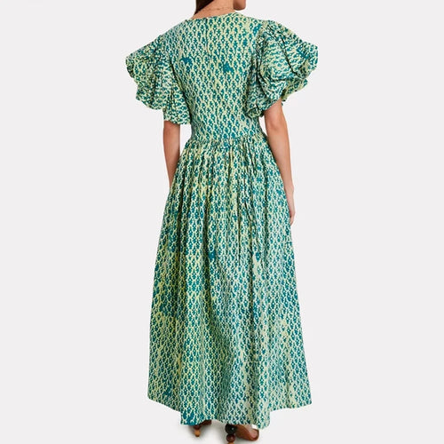 Load image into Gallery viewer, Green Print Summer Dress For Women V Neck Puff Short Sleeve High Waist Side Split Maxi Dresses Females 2021 Fashion Clothing
