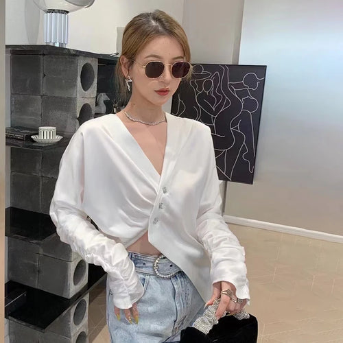 Load image into Gallery viewer, White Casual Blouses For Women V Neck Batwing Long Sleeve Asymmetrical Women&#39;s Shirts Clothing Fashion Summer
