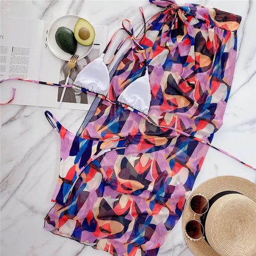 Load image into Gallery viewer, Print Bikin Set with Long Skirt Three Piece Push Up Swimwear Brazalian Swimsuit Bathing Suit Female SwimmingSuit
