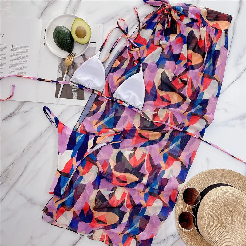 Print Bikin Set with Long Skirt Three Piece Push Up Swimwear Brazalian Swimsuit Bathing Suit Female SwimmingSuit