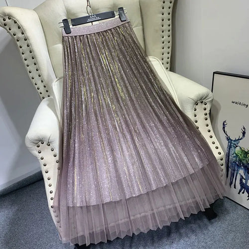 Load image into Gallery viewer, Long Tulle Skirts Womens Gradient Shine Fall Winter Mujer Faldas Elegant Fashion Ladies High Waist Vintage Midi Skirt Female
