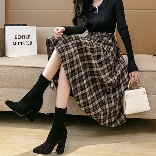 Load image into Gallery viewer, Plaid Skirts Womens Vintage Medium Long Belt Lace Up Pocket High Waist Skirt Loose Winter New All-match Fashion Midi Skirt Lady
