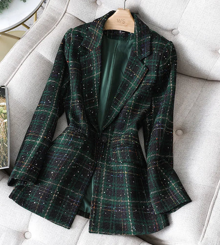 Stylish Jacket Coat Formal Blazers Lady Office Work Suit Manual Sequins Jackets Slim Plaid Outerwear Women Elegant Blazer Female