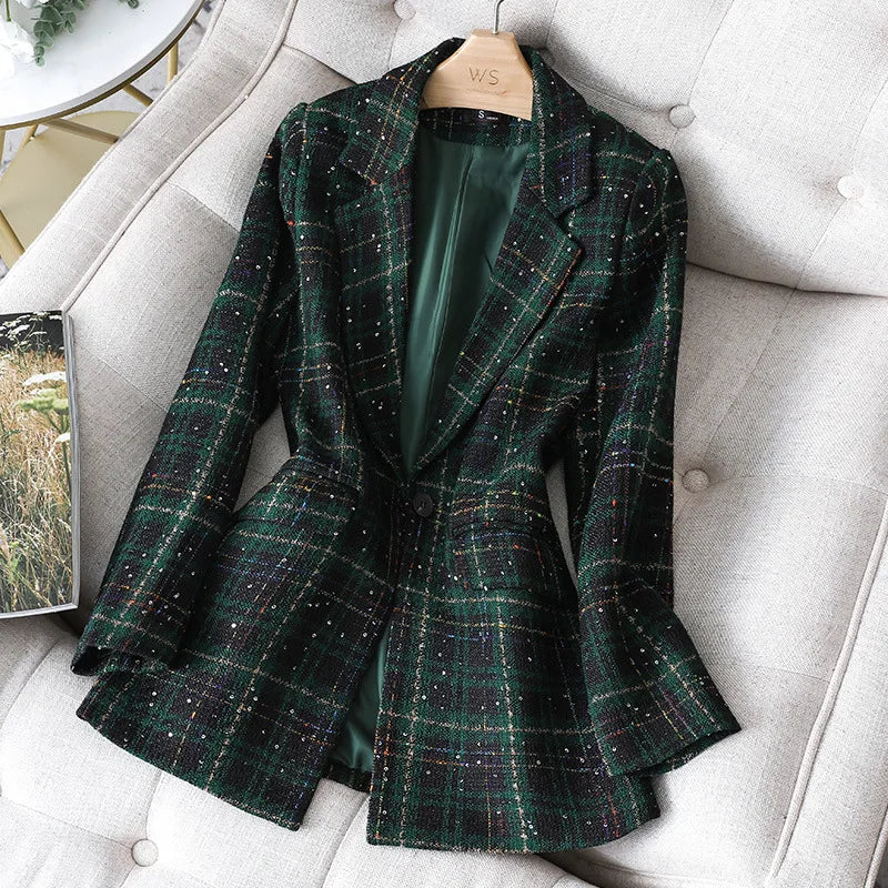 Stylish Jacket Coat Formal Blazers Lady Office Work Suit Manual Sequins Jackets Slim Plaid Outerwear Women Elegant Blazer Female