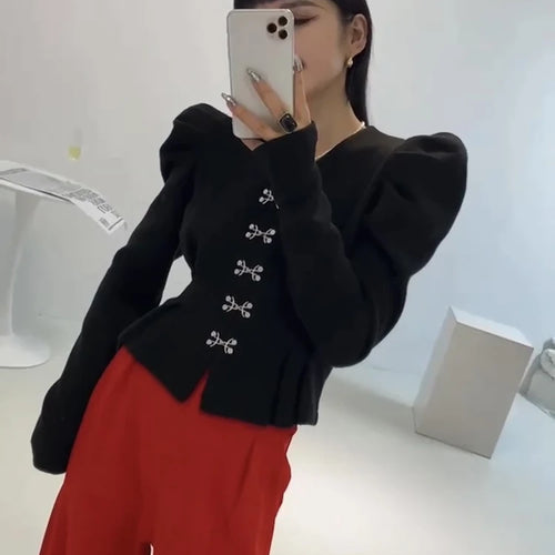 Load image into Gallery viewer, Casual Plain Blouses For Women V Neck Loose Long Puff Sleeve Single Breasted Open Stitch Female Autumn Clothes
