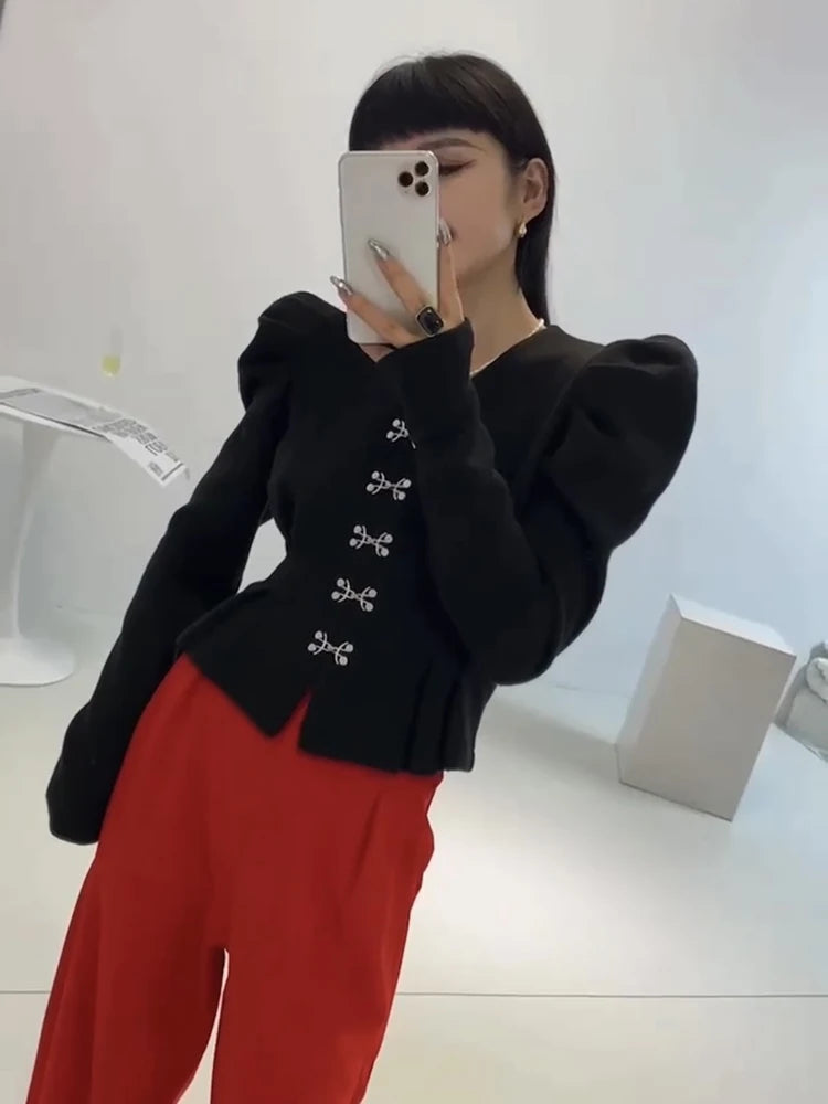 Casual Plain Blouses For Women V Neck Loose Long Puff Sleeve Single Breasted Open Stitch Female Autumn Clothes