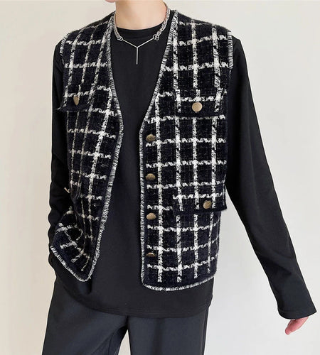 Light Luxury Men's Vintage Plaid Vest Fashionable Knitted Sleeveless Vests Single Breasted V Collar Tops Autumn