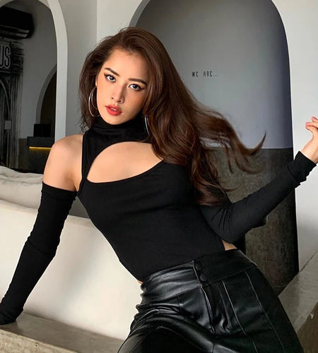 Skinny Cut Out Bodycon Black Sexy Bodysuit Women Fashion Solid Body Suit Cold Shoulder Party Bodysuits Tops One Piece