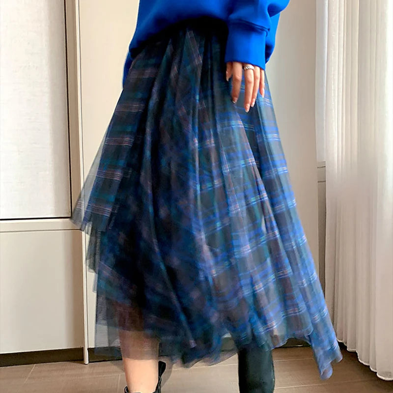 Casual Plaid Patchwork Mesh Women's Skirts High Waist Hit Color Elegant A Line Skirt For Female Spring Fashion Clothing