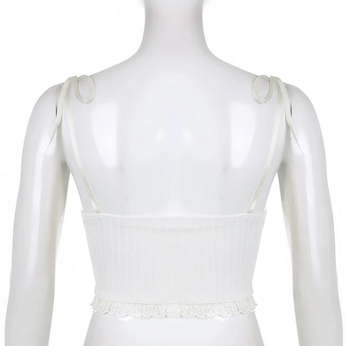 Load image into Gallery viewer, Y2K V Neck Strappy Lace Patchwork White Crop Top Women Sweet Bow Harajuku Frills Sexy Camisole Tops 2000s Aesthetic
