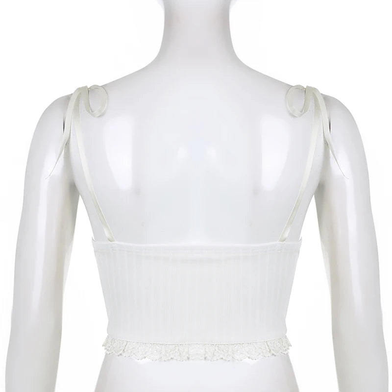 Y2K V Neck Strappy Lace Patchwork White Crop Top Women Sweet Bow Harajuku Frills Sexy Camisole Tops 2000s Aesthetic