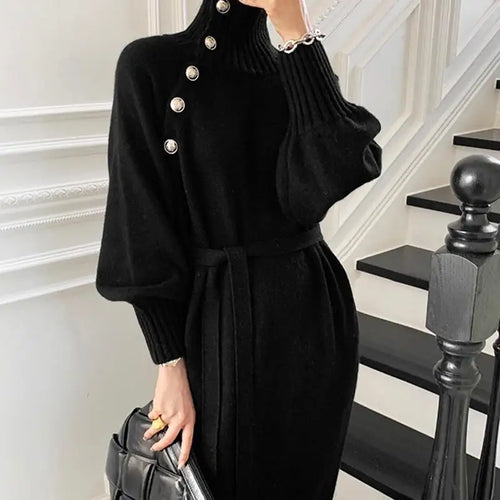Load image into Gallery viewer, Elegant Sweater Dress Female Fashion Casual Loose Turtleneck Solid Pullover Sash Tie Up Robe Femme Autumn Winter Party Dress
