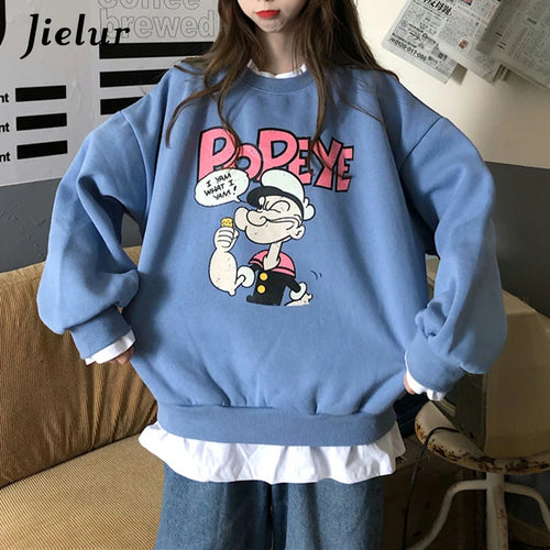 Load image into Gallery viewer, Popeye Cartoon Fake Two Pieces Sweatshirts Female Loose Printed Hoodies Beige Pullovers Kawaii Lovely Women Clothes M-XL
