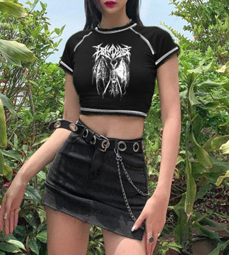 Women's T-shirt Harajuku crop Top Harajuku Retro Korean Black Demon Punk Gothic Anime Print Clothes Slim anime