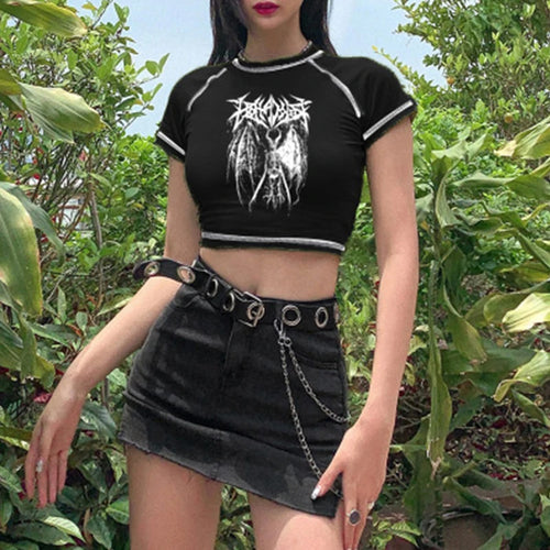 Load image into Gallery viewer, Women's T-shirt Harajuku crop Top Harajuku Retro Korean Black Demon Punk Gothic Anime Print Clothes Slim anime
