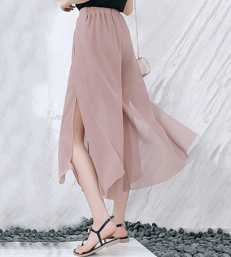 Side Split Wide Leg Shorts Skirt Women's Summer Sweet Slim Chiffon Capris Skirts Female Korean Style Split Tulle Skirt Pants