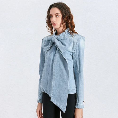 Load image into Gallery viewer, Elegant Bowknot Jacket Shirt For Women Stand Collar Long Sleeve Patchwork Zipper Slim Casual Jackets Female Fashion

