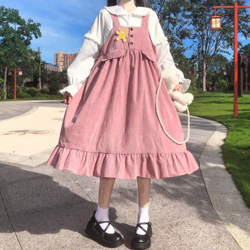 Load image into Gallery viewer, Corduroy Lolita Dress Kawaii Japanese Sweets Lolita Style Kawaii Cute Dress Women Autumn Dress Ruffles Patchwork
