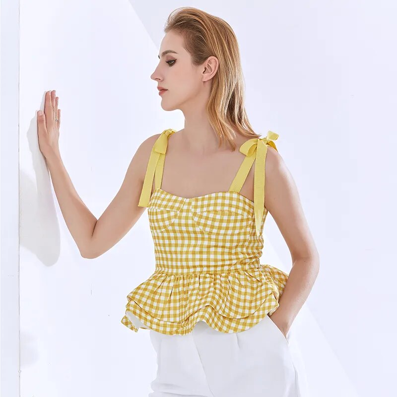 Causal Vest For Women Square Collar Spaghetti Strap Print Sleeveless Hit Color Ruffles Vests Female