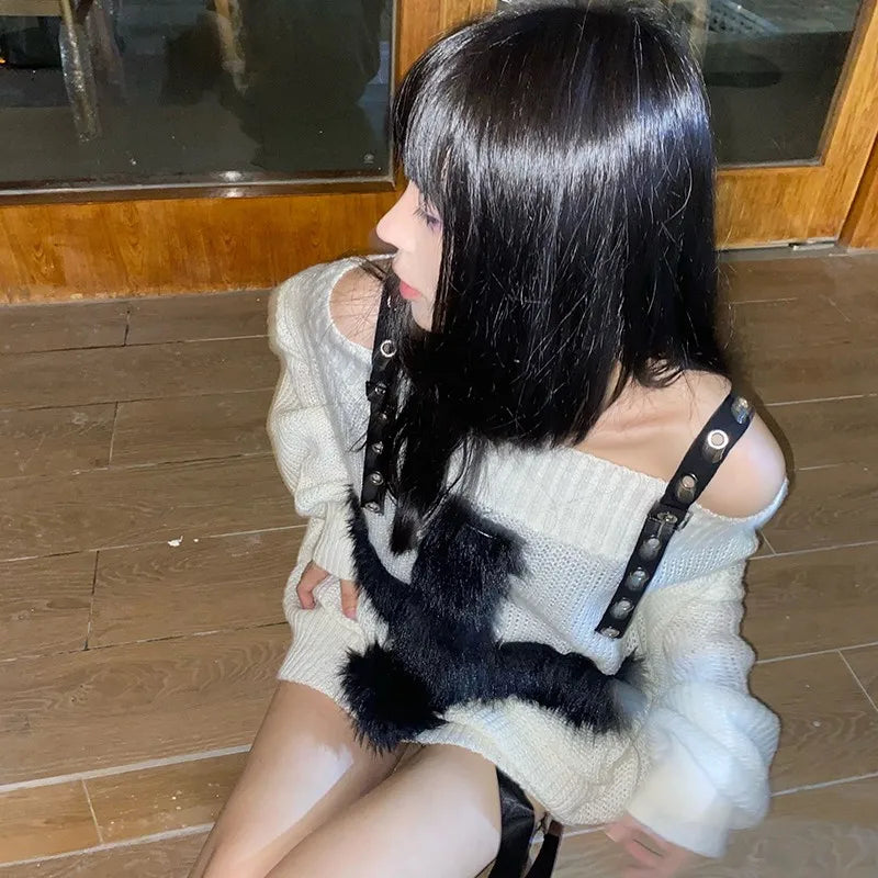 Harajuku Gothic Knitted Sweaters Punk Girls Cross Off Shoulder Loose Sweater Outwear Autumn Winter Streetwear Emo Grunge