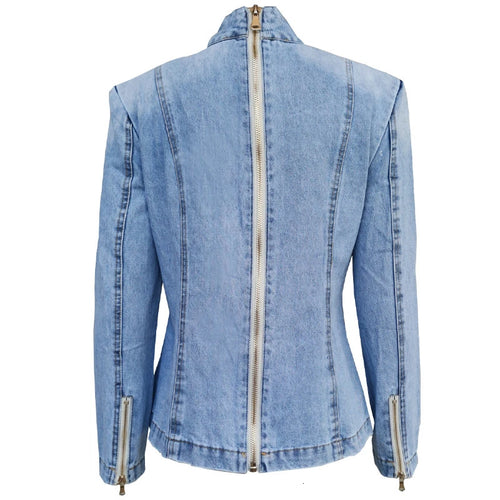 Load image into Gallery viewer, Patchwork Bow Denim Women&#39;s Jacket Stand Collar Long Sleeve Vintage Ruched Jackets For Female Fashion Clothing
