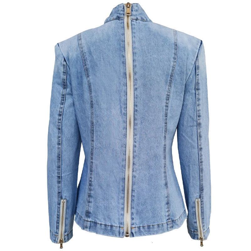 Patchwork Bow Denim Women's Jacket Stand Collar Long Sleeve Vintage Ruched Jackets For Female Fashion Clothing