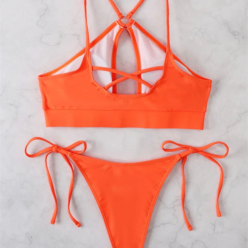 Load image into Gallery viewer, Cross Halter Bikini High Cut Female Swimsuit Women Swimwear String Thong Bikini set Padded Bandage Bathing Suit
