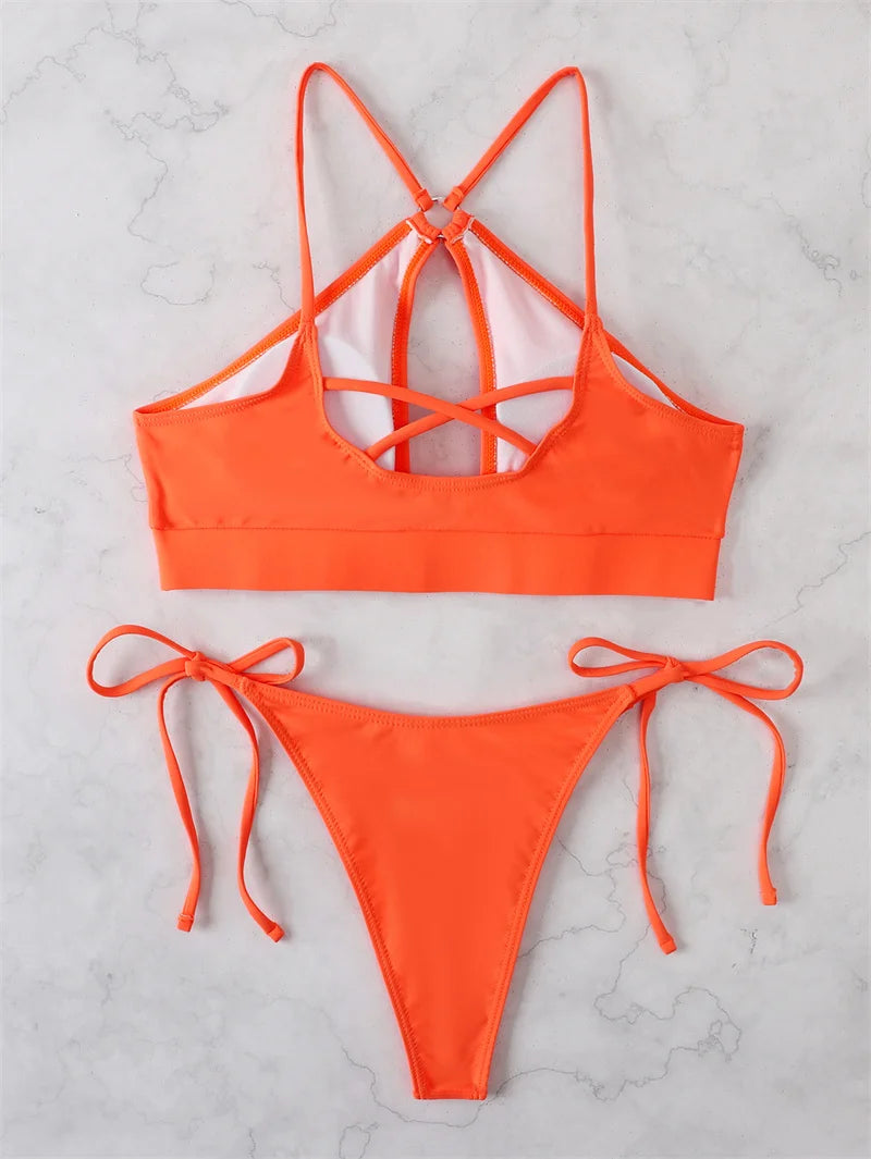 Cross Halter Bikini High Cut Female Swimsuit Women Swimwear String Thong Bikini set Padded Bandage Bathing Suit