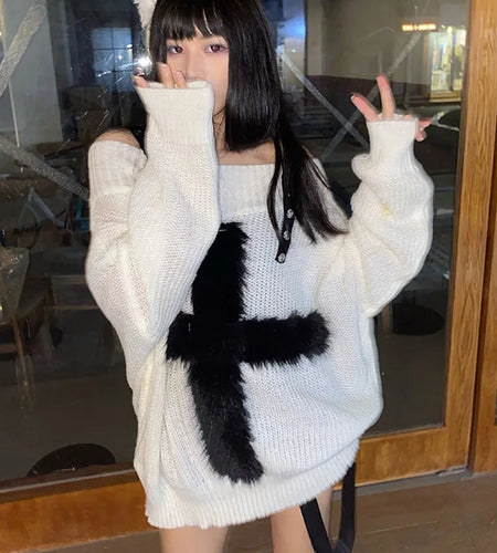 Harajuku Gothic Knitted Sweaters Punk Girls Cross Off Shoulder Loose Sweater Outwear Autumn Winter Streetwear Emo Grunge