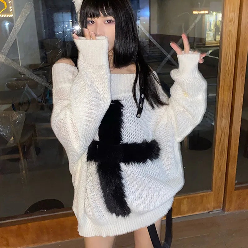 Harajuku Gothic Knitted Sweaters Punk Girls Cross Off Shoulder Loose Sweater Outwear Autumn Winter Streetwear Emo Grunge