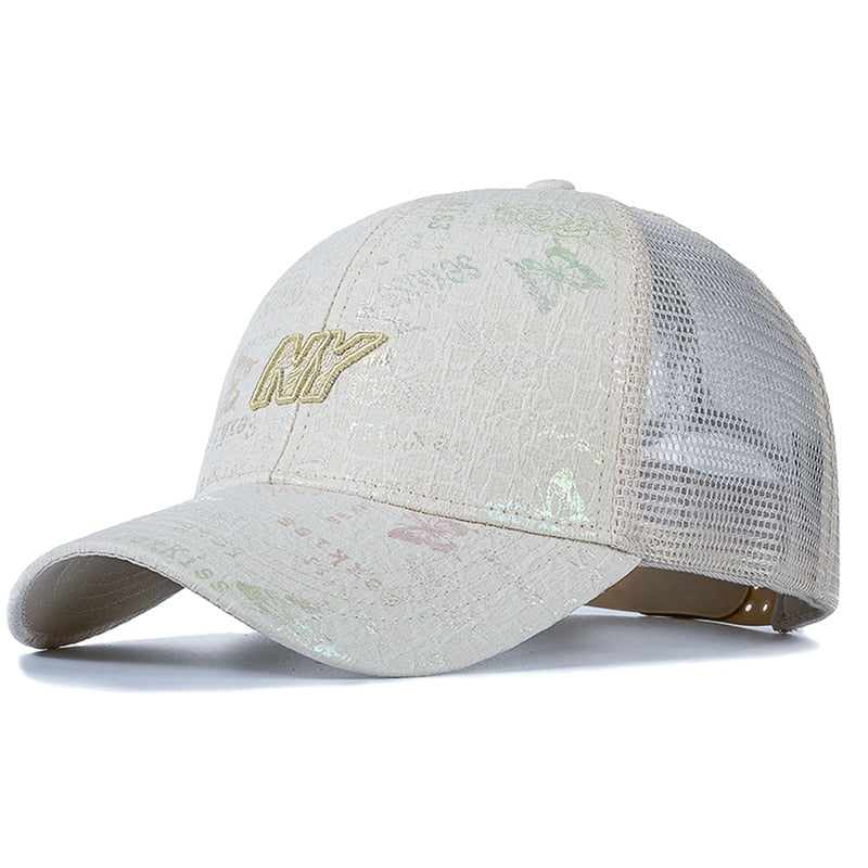 Women Cotton Trucker Hat Fashion NY Embroidered Baseball Cap Shiny Butterfly Style Adjustable Outdoor Streetwear Mesh Cap