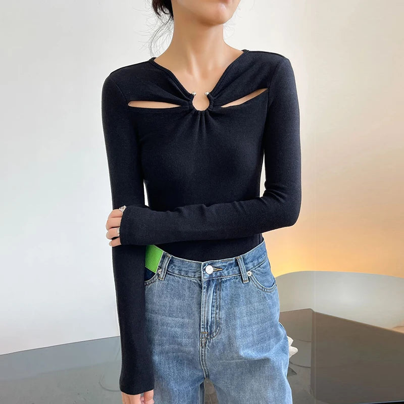 Casual Slim Solid Cut Out T Shirt Female V Neck Long Sleeve Gathered Waist Korean Fashion T Shirts For Women Autumn